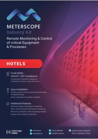 Hotels – Food temperature logging, electrical energy logging, heat pump monitoring and sub-metering of energy consumption – Water metering, domestic hot water temperature monitoring, pool chlorine measurement / ISO 22000, 50001, 14001 Hotels – Logging of food temperature data in refrigerators, freezers and cold storage rooms – Temperature recorders for cooling/freezing in hotel kitchens – HACCP, ISO, food authority inspections
